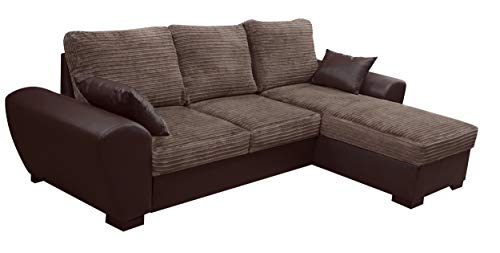 SOFASANDMORE, TOMMY CORNER SOFA BED BROWN JUMBO CORD FABRIC LEATHER WITH STORAGE