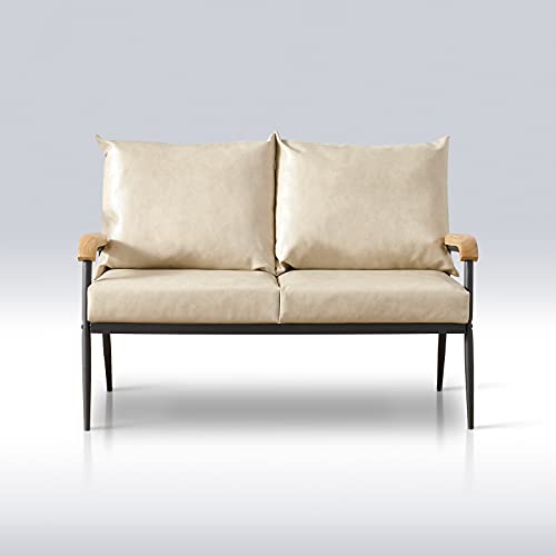 TUKAILAi, TUKAILAI 2 Seaters Sofa Lounge Faux Leather Soft Sofa with Solid Wooden Arm and Metal Support Living Room Furniture Cream Color