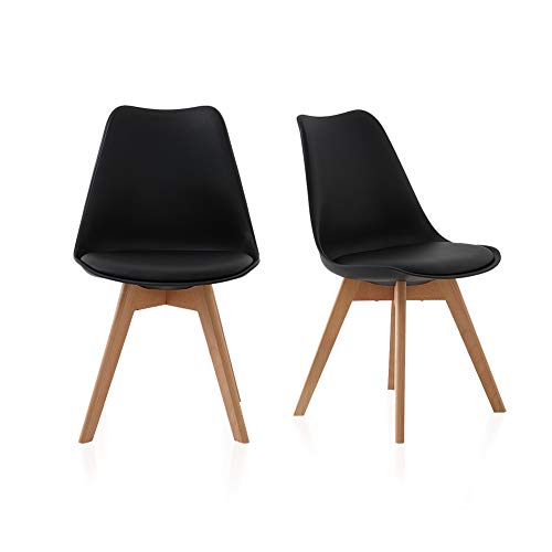 TUKAILAi, TUKAILAI 2PCS Black Retro Style Dining Chairs with Beech Wood Legs and Padded Seat Lounge Chairs Kitchen Chairs Living Room Chairs