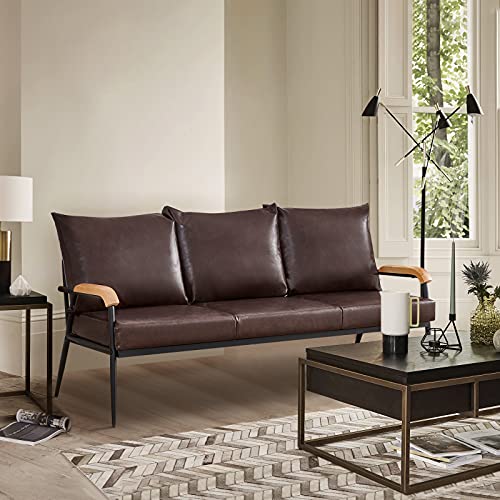 TUKAILAi, TUKAILAI 3 Seaters Sofa Lounge Faux Leather Soft Sofa with Solid Wooden Arm and Metal Support Living Room Furniture Dark Brown