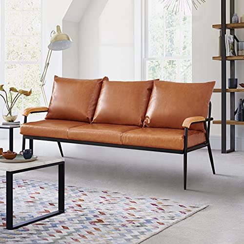 TUKAILAi, TUKAILAI 3 Seaters Sofa Lounge Faux Leather Soft Sofa with Solid Wooden Arm and Metal Support Living Room Furniture Light Brown