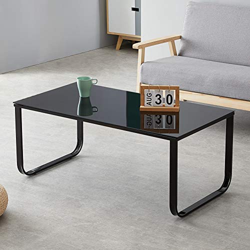 TUKAILAi, TUKAILAI Black Glass Coffee Table 6mm Tempered Glass Top with Metal Frames End Side Sofa Table Living Room Bedroom Furniture