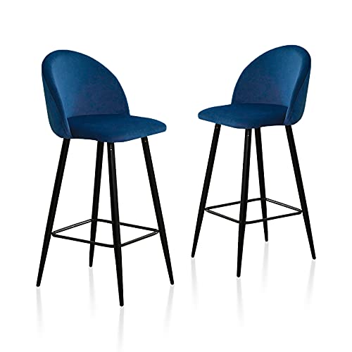TUKAILAi, TUKAILAI VELVET Bar Stools Set of 2 with Backrest and Metal Footrest and Base for Breakfast Bar High Kitchen and Home Blue