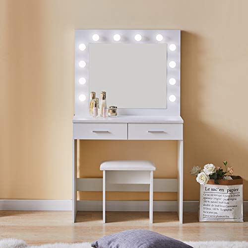 TUKAILAi, TUKAILAI White Dressing Table Set with Adjustable 3 Color LED Lights, Mirror, 2 Large Drawers and Stool Vanity Makeup Table Bedroom