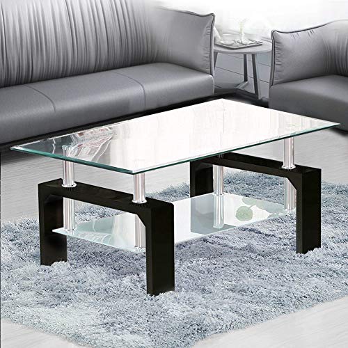 TUKAILAi, TUKAILAi Rectangle Clear Glass Coffee Table Modern Side Table with Lower Shelf Chrome and MDF Support Living room Guest Reception