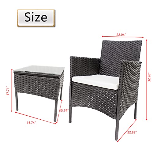 TUOKE, TUOKE Outdoor Rattan Furniture Bistro Set 3 PCs Armchair Set with Cushions And Coffee Table Wicker Weave Conservatory Outdoor (Black)
