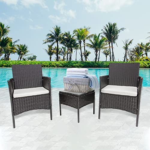 TUOKE, TUOKE Outdoor Rattan Furniture Bistro Set 3 PCs Armchair Set with Cushions And Coffee Table Wicker Weave Conservatory Outdoor (Black)