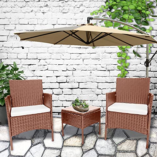 TUOKE, TUOKE Outdoor Rattan Furniture Bistro Set 3 PCs Armchair Set with Cushions And Coffee Table Wicker Weave Conservatory Outdoor (Brown)