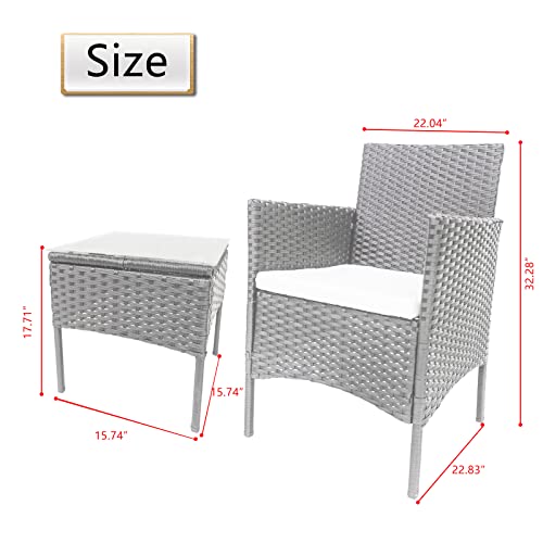 TUOKE, TUOKE Outdoor Rattan Furniture Bistro Set 3 PCs Armchair Set with Cushions And Coffee Table Wicker Weave Conservatory Outdoor (Grey)