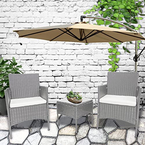 TUOKE, TUOKE Outdoor Rattan Furniture Bistro Set 3 PCs Armchair Set with Cushions And Coffee Table Wicker Weave Conservatory Outdoor (Grey)