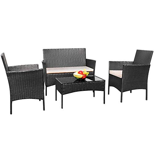 TUOKE, TUOKE Rattan Garden Furniture Set Patio Conservatory Indoor Outdoor 4 Piece Set Table Chair Sofa Black