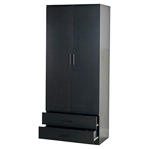 URBNLIVING, Tall Wooden 2 Door Wardrobe With 2 Drawers Bedroom Storage Hanging Bar Clothes (Black, Contemporary)