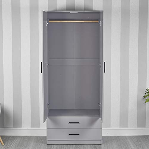 URBNLIVING, Tall Wooden 2 Door Wardrobe With 2 Drawers Bedroom Storage Hanging Bar Clothes (Gray, Contemporary)