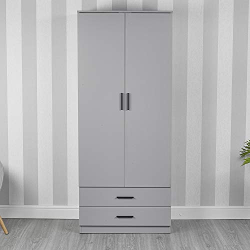 URBNLIVING, Tall Wooden 2 Door Wardrobe With 2 Drawers Bedroom Storage Hanging Bar Clothes (Gray, Contemporary)