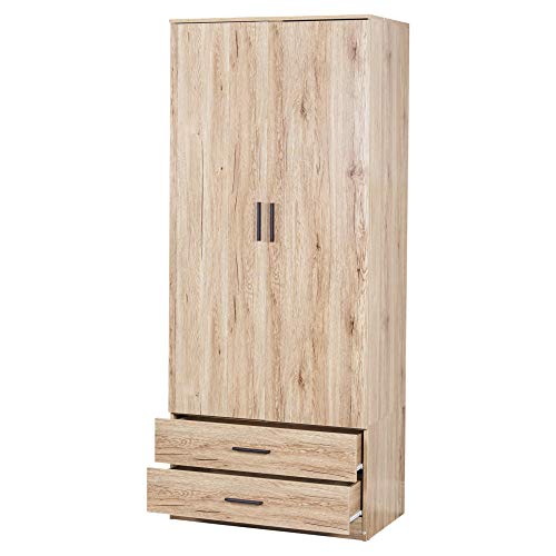 URBNLIVING, Tall Wooden 2 Door Wardrobe With 2 Drawers Bedroom Storage Hanging Bar Clothes (Oak, Contemporary)