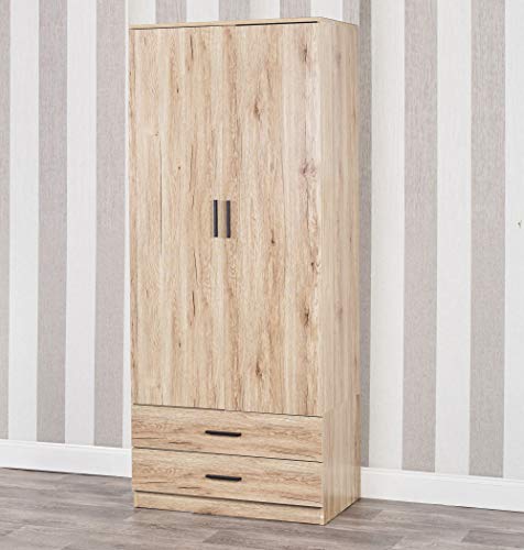 URBNLIVING, Tall Wooden 2 Door Wardrobe With 2 Drawers Bedroom Storage Hanging Bar Clothes (Oak, Contemporary)