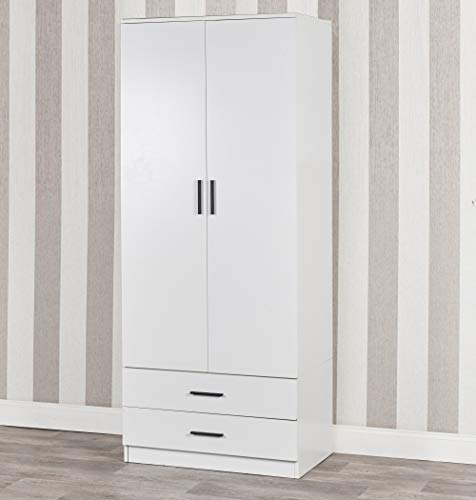 URBNLIVING, Tall Wooden 2 Door Wardrobe With 2 Drawers Bedroom Storage Hanging Bar Clothes (White, Contemporary)