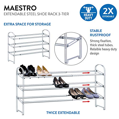 Tatkraft, Tatkraft Maestro 3 Tier Adjustable Shoes Rack Chromed Steel, Sturdy Shoe Storage Rack, Extendable 64,5-118,5(L) X 22.5(W) X 53,5(H) cm