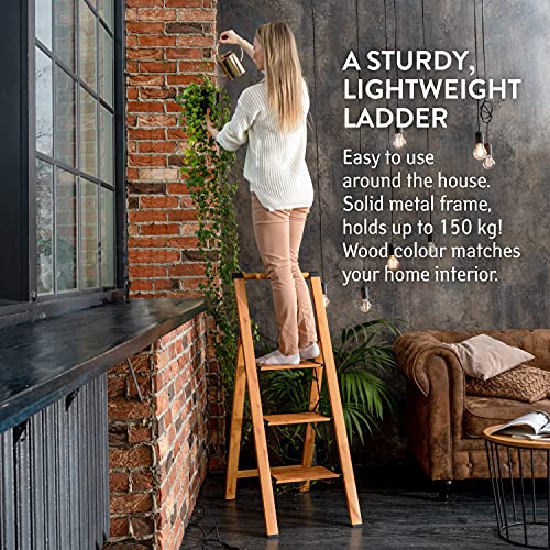 Tatkraft, Tatkraft Up 3 Step Ladder, Foldable Kitchen Step with Safety Handrail and Wide Anti-Slip Steps, Holds up to 150 kgs, Made of Lightweight