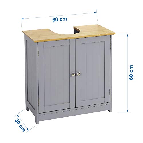 Taylor & Brown, Taylor & Brown® Grey & Bamboo Under Sink Bathroom Cabinet, Free Standing Wooden Sink Storage Unit Basin Cupboard with Shelf