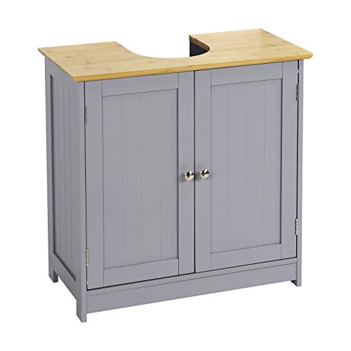 Taylor & Brown, Taylor & Brown® Grey & Bamboo Under Sink Bathroom Cabinet, Free Standing Wooden Sink Storage Unit Basin Cupboard with Shelf
