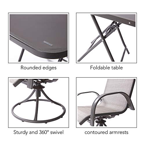 Teamson Home, Teamson Home 3 Piece Indoor Outdoor Garden Furniture, Patio Bistro Set 2 Swivel Chairs & Foldable Table for Conservatory, Metal Grey