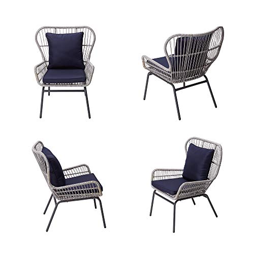 Teamson Home, Teamson Home 3 Piece Outdoor Garden Furniture, Rattan Patio 2 Chairs & Table Bistro Seating Set with Cushions, Weather-Resistant, Grey/Blue