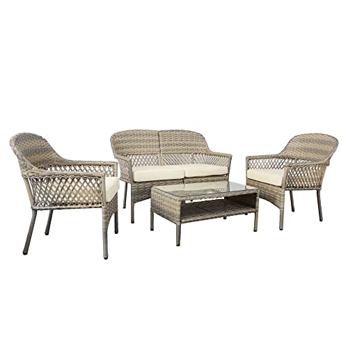 Teamson Home, Teamson Home 4 Seater Outdoor Garden Furniture, Rattan Wicker Stackable Table, Loveseat & Chairs Patio Conversational Set