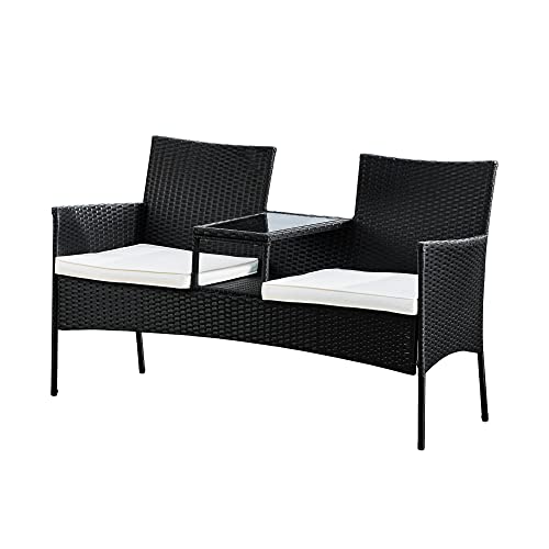 Teamson Home, Teamson Home Outdoor Patio Garden Furniture, Rattan Wicker Loveseat Bench with 2 Cushioned Seats and Built-In Centre Glass Table