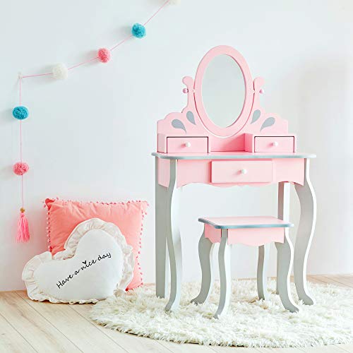 Teamson Kids, Teamson Kids Little Rapunzel Vanity Set Wooden Dressing Table With Mirror & Stool Pink TD-12851A