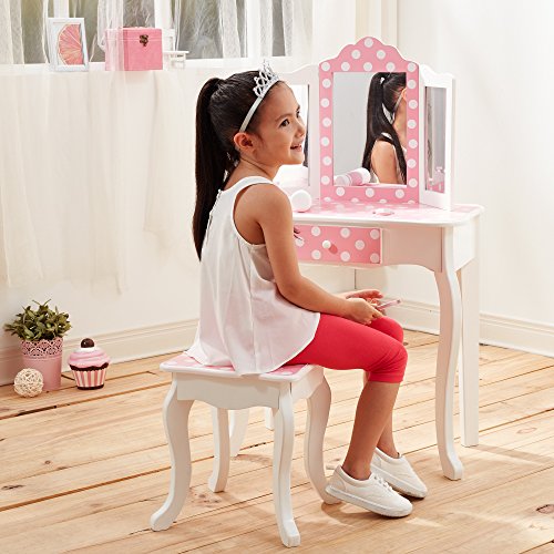 Teamson Kids, Teamson Kids Vanity Set Wooden Polka Dot Dressing Table with Mirror & Stool Pink TD-11670F