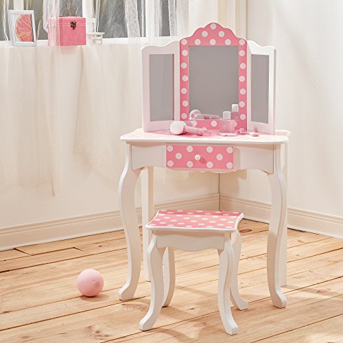 Teamson Kids, Teamson Kids Vanity Set Wooden Polka Dot Dressing Table with Mirror & Stool Pink TD-11670F