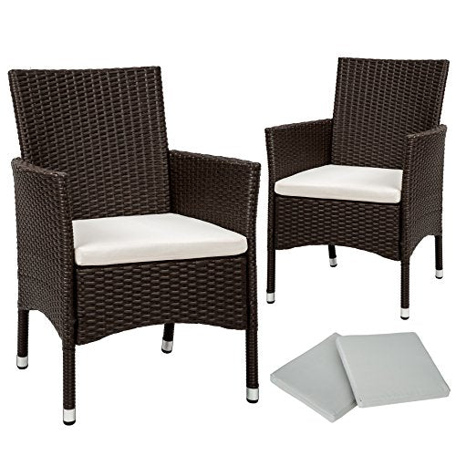 TecTake, TecTake 2 x Poly rattan garden chairs set + cushions + 2 sets for exchanging the upholstery + stainless steel screws (Brown antique | No. 402124)
