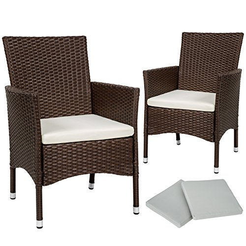 TecTake, TecTake 2 x Poly rattan garden chairs set + cushions + 2 sets for exchanging the upholstery + stainless steel screws (Brown mixed | No. 402123)