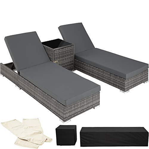 TecTake, TecTake 2x Aluminium Rattan day bed + table set sun +2sets for exchanging upholstery + protection slipcover Grey (No. 403088)