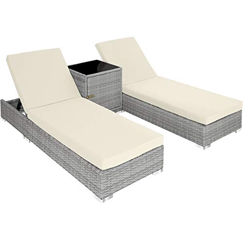 TecTake, TecTake 2x Aluminium Rattan day bed + table set sun +2sets for exchanging upholstery + protection slipcover (Grey)