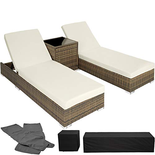 TecTake, TecTake 2x Aluminium Rattan day bed + table set sun +2sets for exchanging upholstery + protection slipcover (Nature)