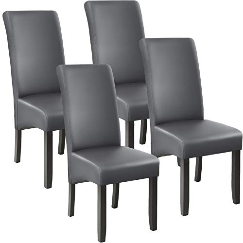 TecTake, TecTake 403591 Set of 4 Luxury Dining Room Chairs Faux Leather with High Backrest, Ergonomic Shape, Solid Hardwood Legs, 106 cm High, Grey