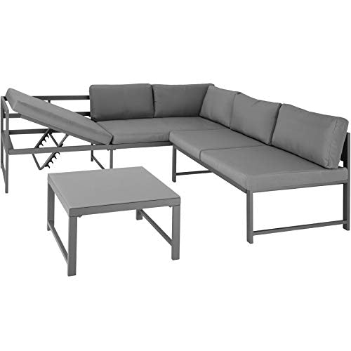 TecTake, TecTake 403902 Faro Seating Set Grey, Table with Glass Top, Aluminium Frame, Versatile, Adjustable Backrest, incl.Cushions, Outdoor Sofa