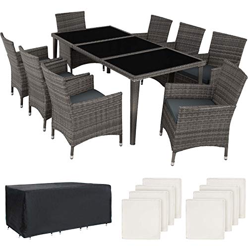 TecTake, TecTake 8 chairs and 1 table luxury aluminium poly rattan garden furniture set outdoor wicker with glass + 2 sets for exchanging the