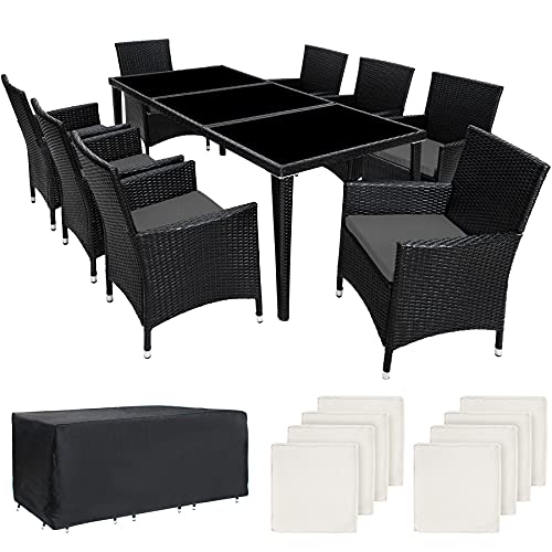 TecTake, TecTake 8 chairs and 1 table luxury aluminium poly rattan garden furniture set with glass + 2 sets for exchanging the upholstery + rain