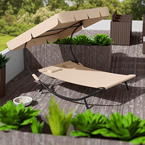 TecTake, TecTake 800089 Double Outdoor Garden Bed Sun Lounger Patio Furniture + Roof Pillows (Beige | No. 401223)