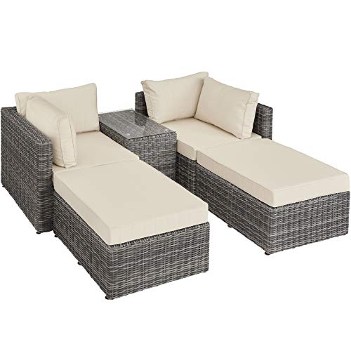 TecTake, TecTake 800694 Luxury Double Rattan Chair Aluminium, Lounge Furniture, Garden Set with Table, Easily Combined, with Cushions (Grey | No. 403169)