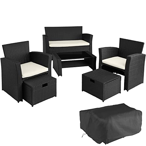 TecTake, TecTake 800719 Rattan Seating Set 6 PCs, Sofa Seats Stools Table with Glass Top, UV-Resistant, Steel Frame, incl. Cushions + Protective Cover