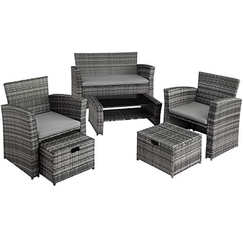 TecTake, TecTake 800719 Rattan Seating Set 6 PCs, Sofa Seats Stools Table with Glass Top, UV-Resistant, Steel Frame, incl. Cushions, ideal Garden Patio