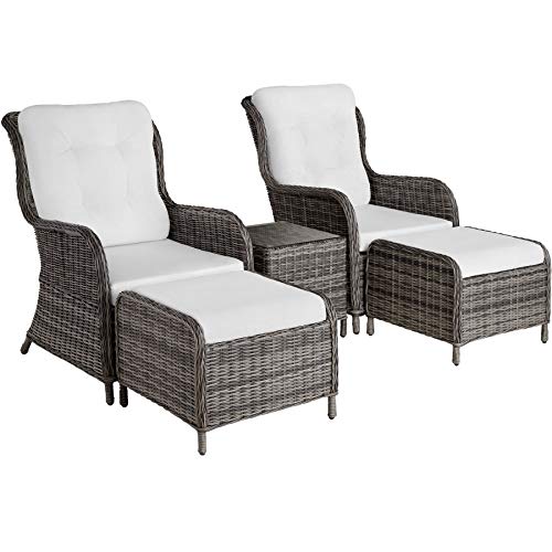 TecTake, TecTake 800759 Rattan Set, 2x Seats 2x Foot Stools 1x Table with Glass Top, UV-Resistant, Weather-Proof, incl. Cushions (Grey | No. 403351)