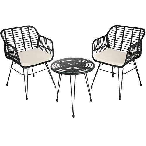 TecTake, TecTake 800802 Rattan Seating Set 3 PCs, Garden Funiture, UV-Resistant, 2 Chairs Water-Repellent Cushions, 1 Table with Glass Top, Patio Balcony