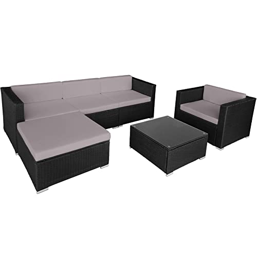 TecTake, TecTake 800806 Luxury Poly Rattan Garden Furniture Sofa Set Outdoor Wicker, incl. Cushions (Black & Grey)