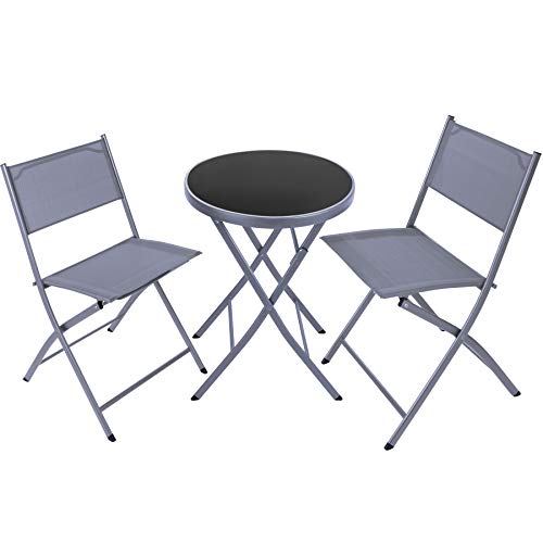 TecTake, TecTake 800811 Garden Bistro Set, Table with Glass Top and 2 Chairs, Robust Steel Frame, Outdoor Furniture, Folding Design, Patio Balcony