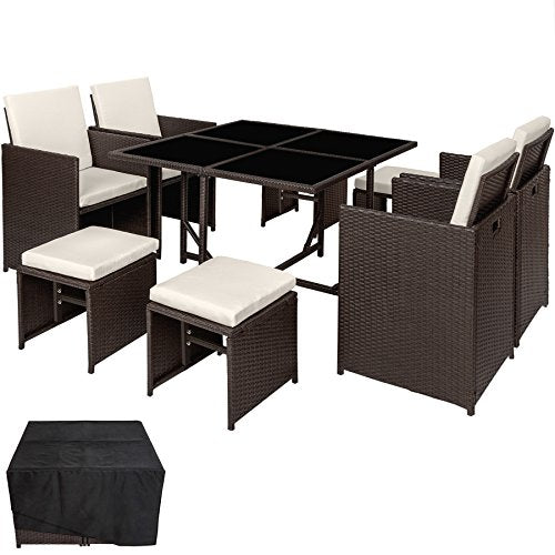 TecTake, TecTake 800820 Rattan Garden Dining Cube Set 4+4 Seats + 1 Table | incl. Protection Slipcover | Stainless Steel Screws (Antique)